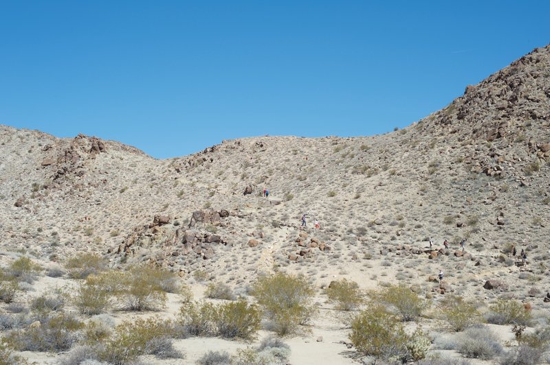 Groups descend the trail through the desert. As you can see, the trail is exposed for the duration, so make sure you have enough water, sunscreen, and a hat to protect you from the heat and sun.