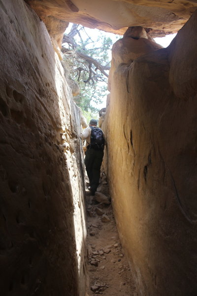 Hiking between rocks on the Petroglyph Point Trail.