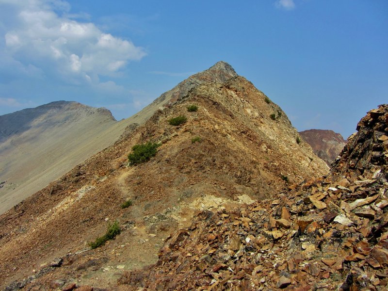 The rugged trail snakes up the Southeast Ridge and nears the summit of Electric Peak.