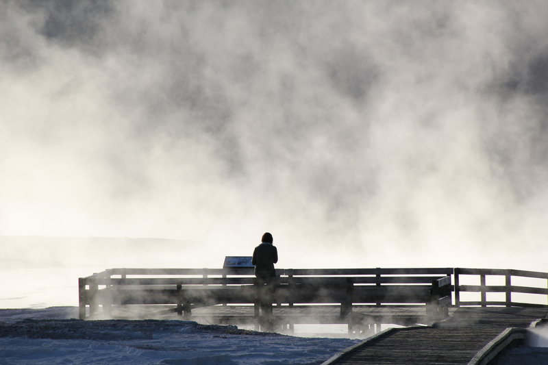 Fog streaming from hot spring in background.