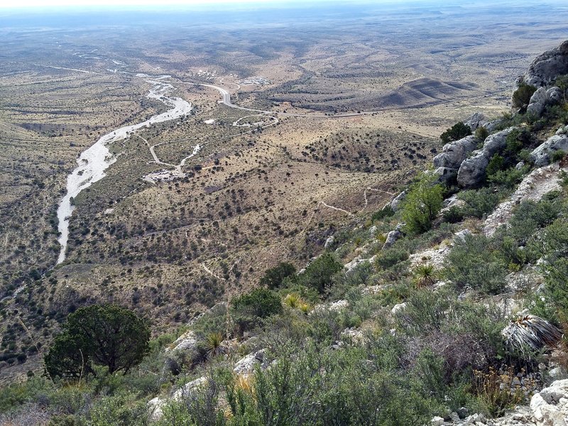 First half of trek up, looking east towards the trailhead and parking lot. Some of the switchbacks are in view.