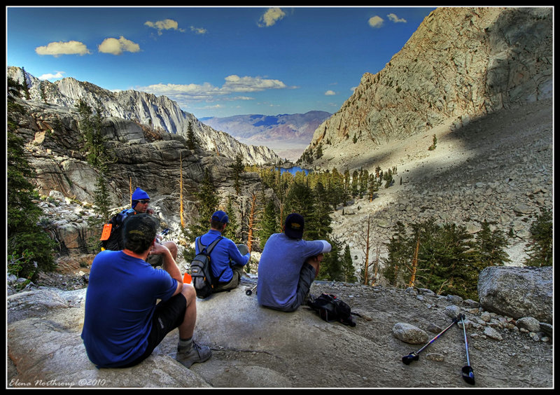 Enjoying the Moment: Hikers at Mt Whitney Trail, Highest Peak in Continental USA with permission from Elena Omelchenko