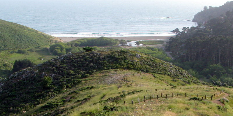 Lower portion of Diaz Ridge Trail with Muir Beach in the background.