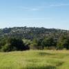 The trail emerges from the woods and enters the grasslands. Views of the surrounding hills spread out before you.