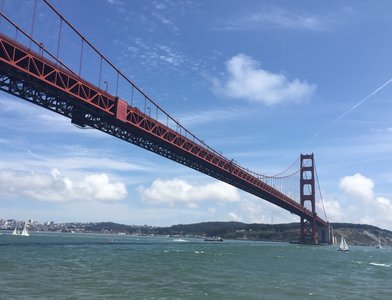 Looking up at the Golden Gate bridge.