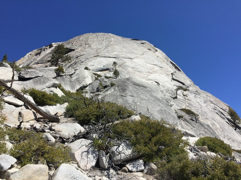 Looking up at the Snake Dike Route from the approach trail