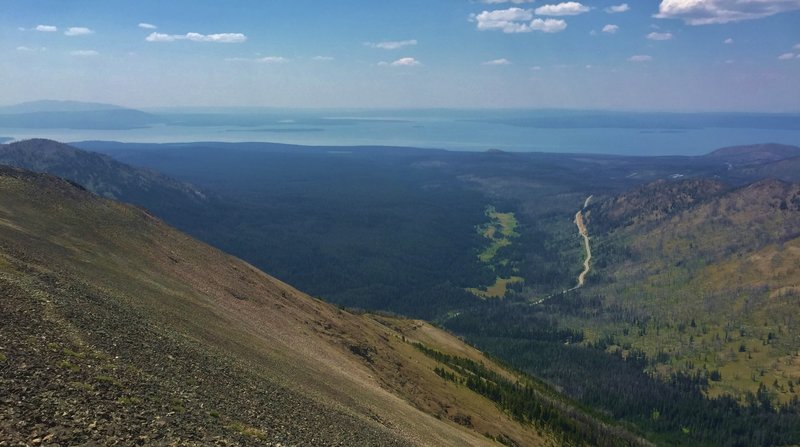 From the top of Avalanche looking down Cub Creek to intoxicatingly beautiful Yellowstone Lake.