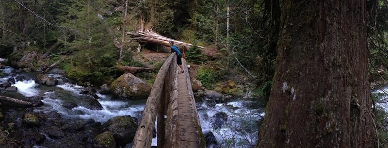 Bridge crossing over Lena Creek at the north end of the lake. There is a campsite to the north (left of photo), and many more after the creek crossing, prior to the Brothers trail connection.