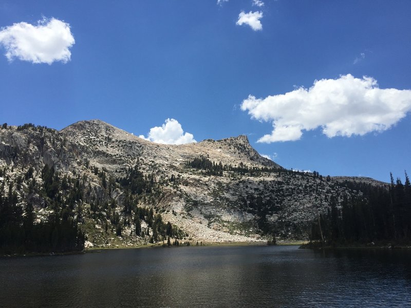 Clouds pass overhead as Elizabeth Lake sits below Unicorn Peak.