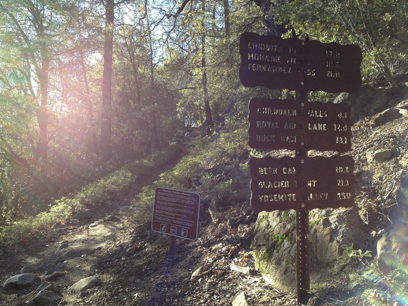 Trail signs at the Chilnualna Falls Trailhead.