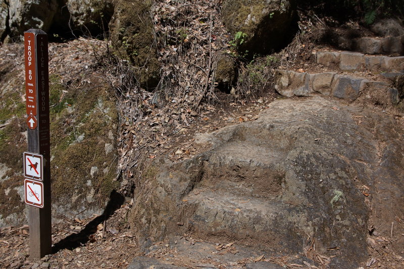 Chipped rock steps to start the Troop 80 Trail