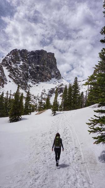 Trail between Dream Lake and Emerald Lake - snowy trail mid-May, but made it fine without microspikes.