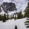 Trail between Dream Lake and Emerald Lake - snowy trail mid-May, but made it fine without microspikes.