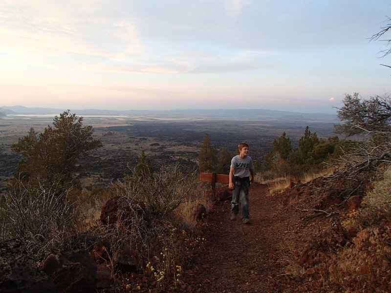 The trail is steep, but short enough that younger hikers have no problem. Tule Lake is visible in the distance.