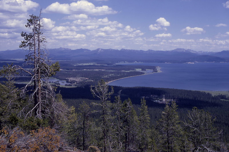 View of Yellowstone Lake, Fishing Bridge Area, and the Absaroka Mountains as seen from Elephant Back Mountain. NPS Photo.