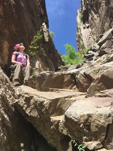 Looking back up the draw, just above one of the route's most technical spots.