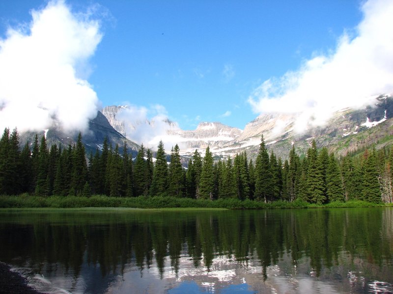 Lake reflections on Swiftcurrent Lake.