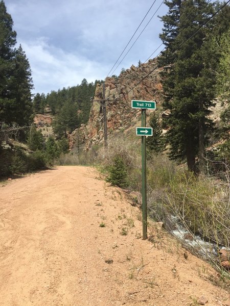 The trail eventually leaves the road at this sign. To access the trail go up to the power line in the background.