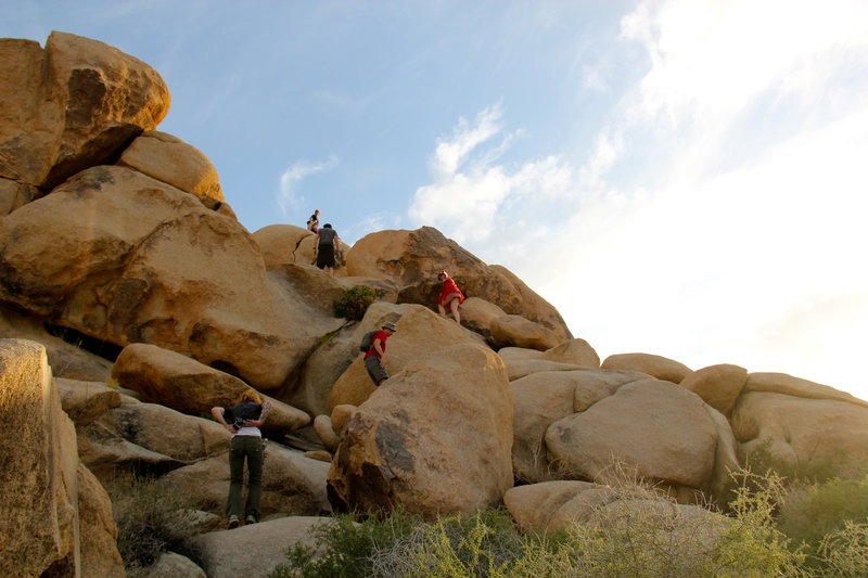 Climbing boulders.