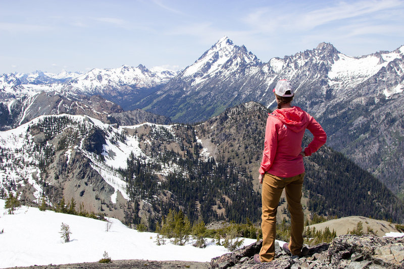 Looking into the Enchantments and Mt. Stuart from the top of Navaho Peak.