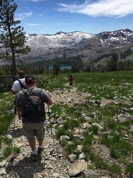 Descending Mt. Tallac toward Gilmore Lake; Jacks Peak, Dicks Peak, and the Desolation Wilderness in the distance.