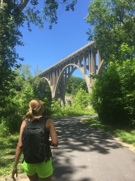 Ohio Eire Towpath Trail looking at station bridge