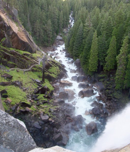 Looking down at the Mist Trail and the Merced River from the top of Vernal Falls