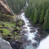 Looking down at the Mist Trail and the Merced River from the top of Vernal Falls