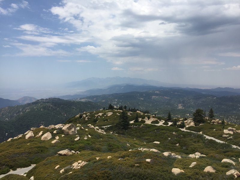 Looking across the San Bernardino Mts, at Mt. San Antonio (Baldy), in the San Gabriel Mts, from the Keller Peak Fire Lookout.