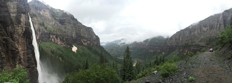 A panoramic shot of Bridal Veil Falls.