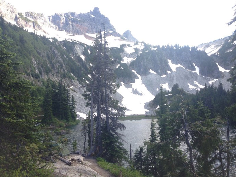 Tent site at Snow Lake Camp. Can you see the tent overlooking the water?