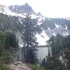 Tent site at Snow Lake Camp. Can you see the tent overlooking the water?