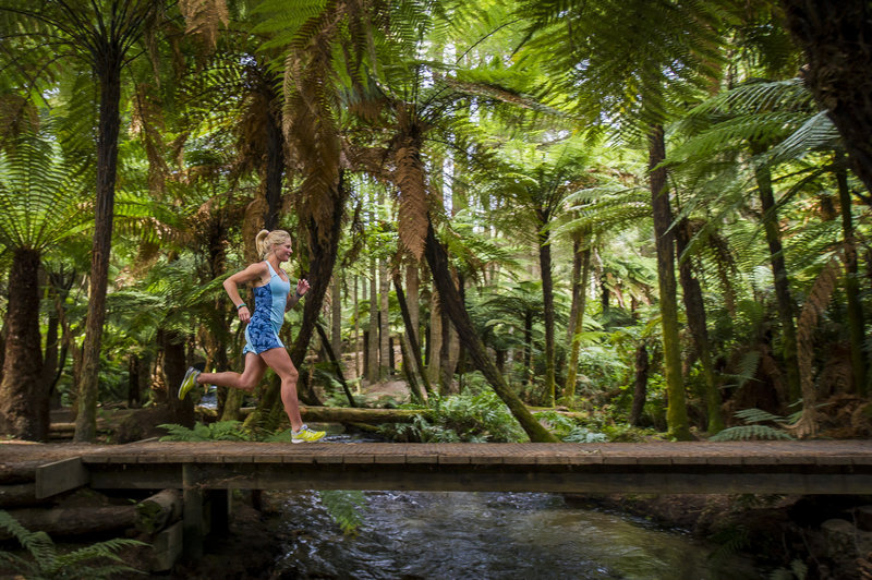 A runner crosses a bridge along Puarenga Stream.