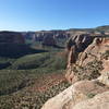 From right to left from the foreground to the back, Praying Hands, Monument Canyon, Independence Monument.