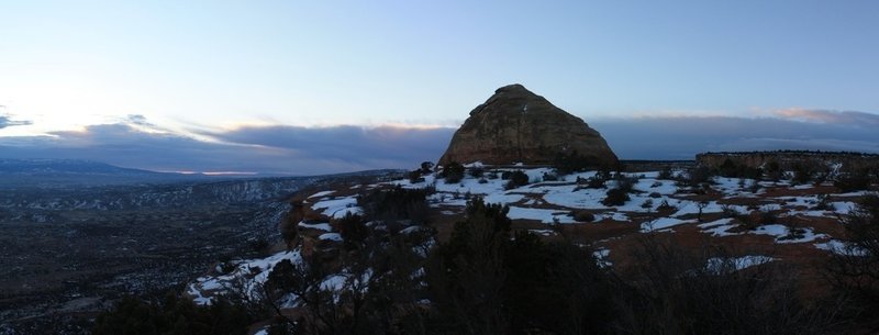 Panorama of Liberty Cap during a winter sunrise. with permission from Hobbes7714 Photo Credit: Andrew Wahr  Link: https://twitter.com/WahrAndrew