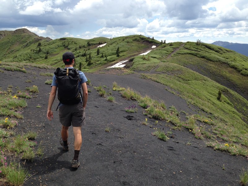 Looking toward the ridgeline descent on the Cross Mountain Trail #637.