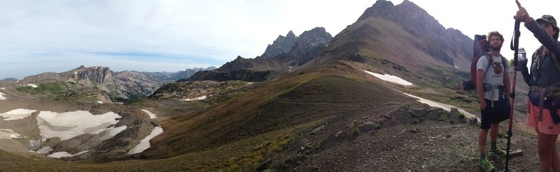 Atop Avalanche Divide, looking toward Schoolroom Glacier and the South and Middle Teton.