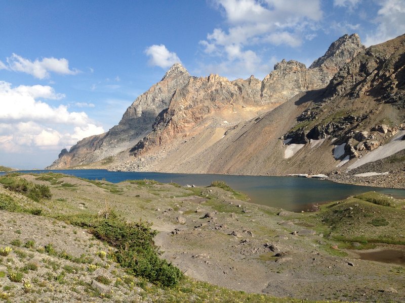 Snowdrift Lake with Veiled Peak and Mount Wister in the background.