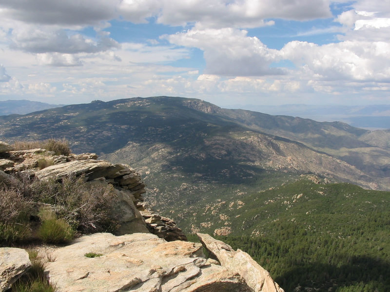The rocky summit of Rincon Peak rises out of ponderosa pine forests.