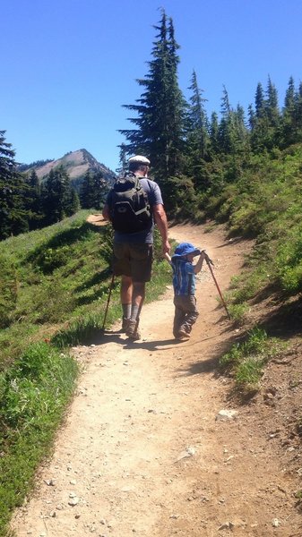 Grandpa helps hike during the gradual incline. Our 2.5yr old hiked about a third of the trail.