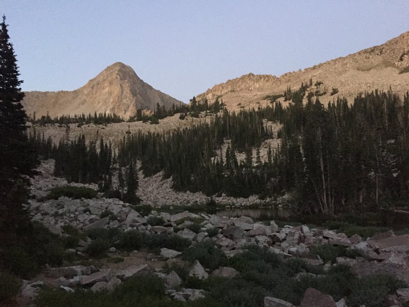 Dawn on the Pfeifferhorn, up above upper Maybird Lake.