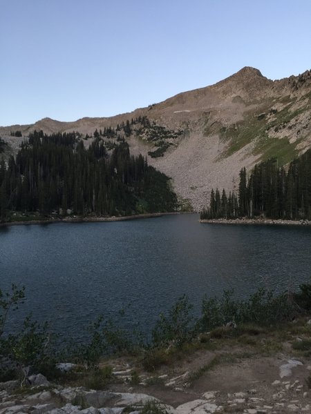 A view across lower Red Pine Lake to the ridge that separates Red Pine Canyon from Maybird Gulch.