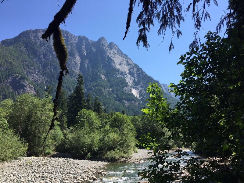 Looking up at Mt. Garfield. The famous climbing route, Infinite Bliss (23 pitch climb) goes up the face. Aug 9, 2016.