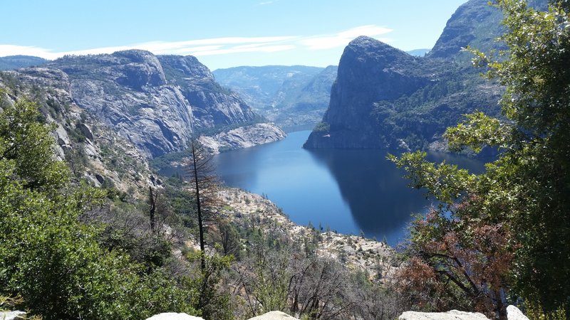 Looking down at the Hetch Hetchy Reservoir from the top of switchbacks.