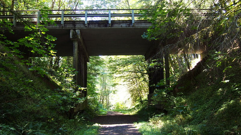 The bridge carrying Scappoose-Vernonia Highway. Continue underneath on the Columbia Forest Road to reach Vernonia.