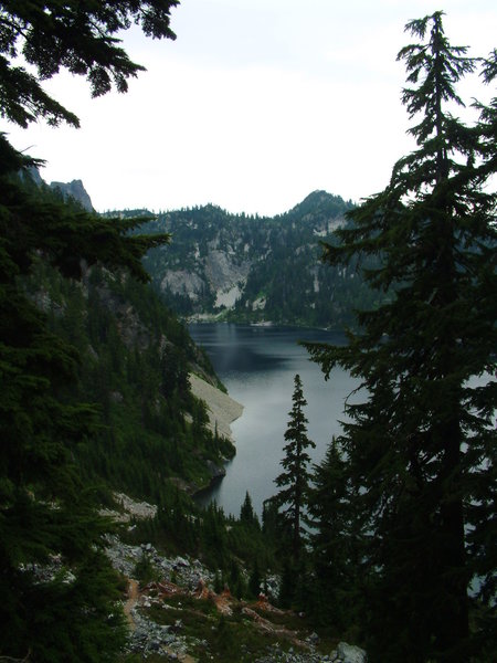 Looking down to Snow Lake on the descent into the lake area.