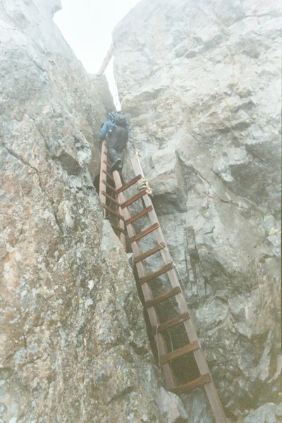 Climbing the ladders to reach the Three Fingers Lookout.