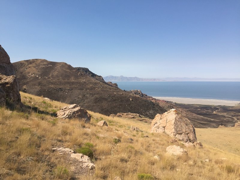 West facing view of the Great Salt Lake and a burn scar from the July 2016 fire on Antelope Island.