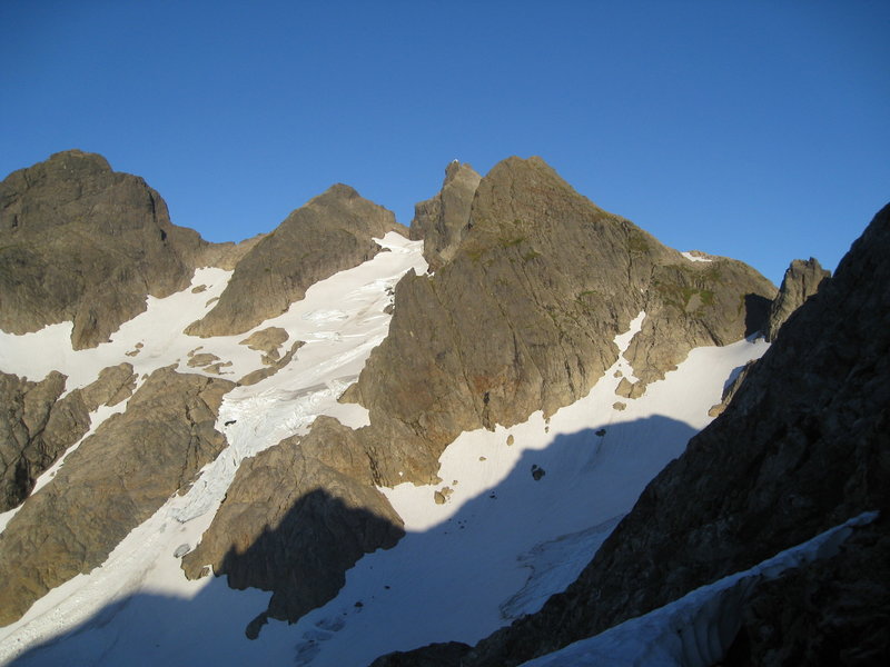 View to Three Fingers Lookout (center peak, whitish) from about Tin Can Gap.
