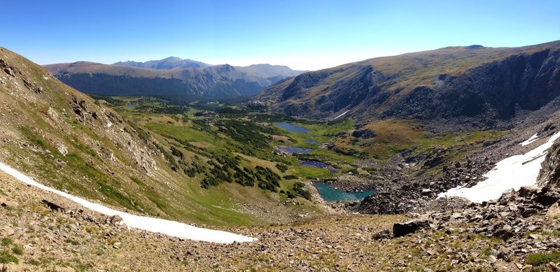 In the saddle before the ascent to Mt Ida. Several lakes are fed by the glaciers just below you.